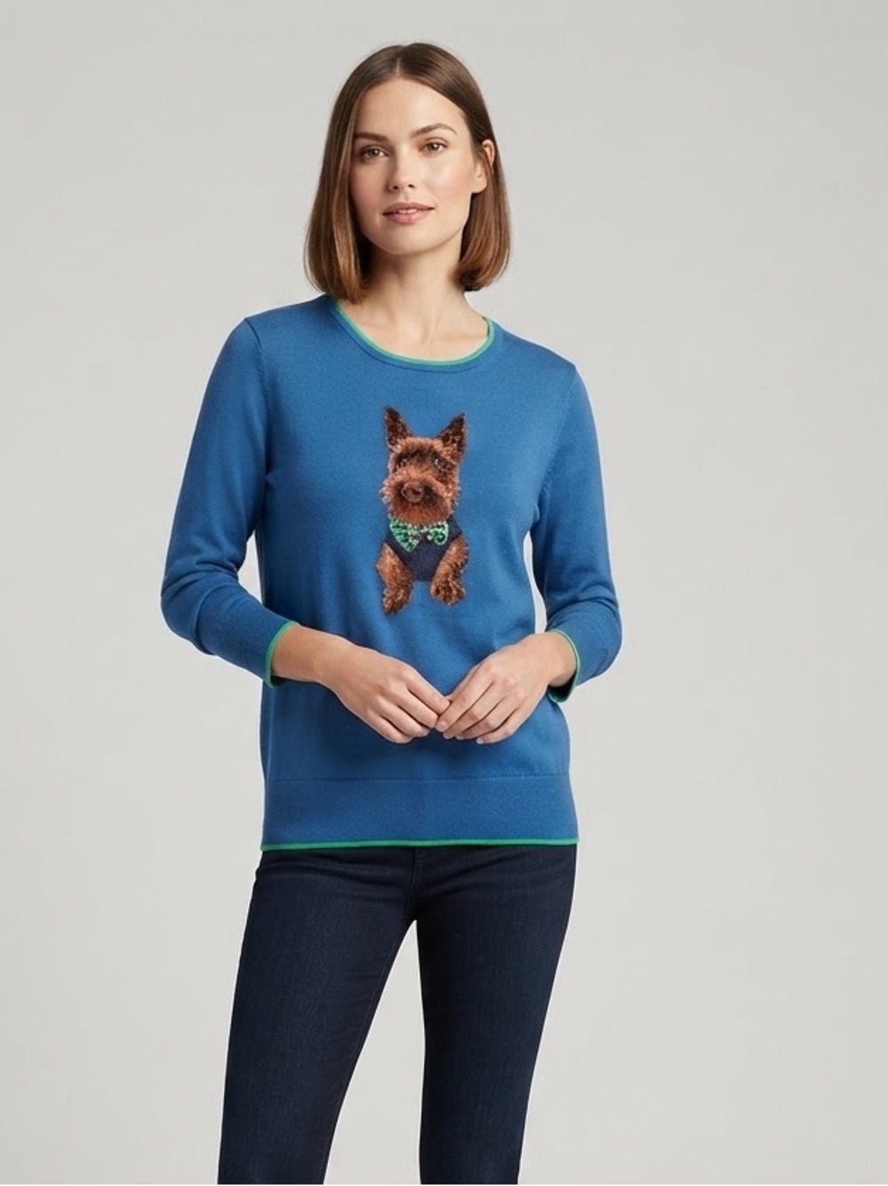 Lands' End Blue Scottish Terrier Dog Graphic Supima Cotton Sweater L/T